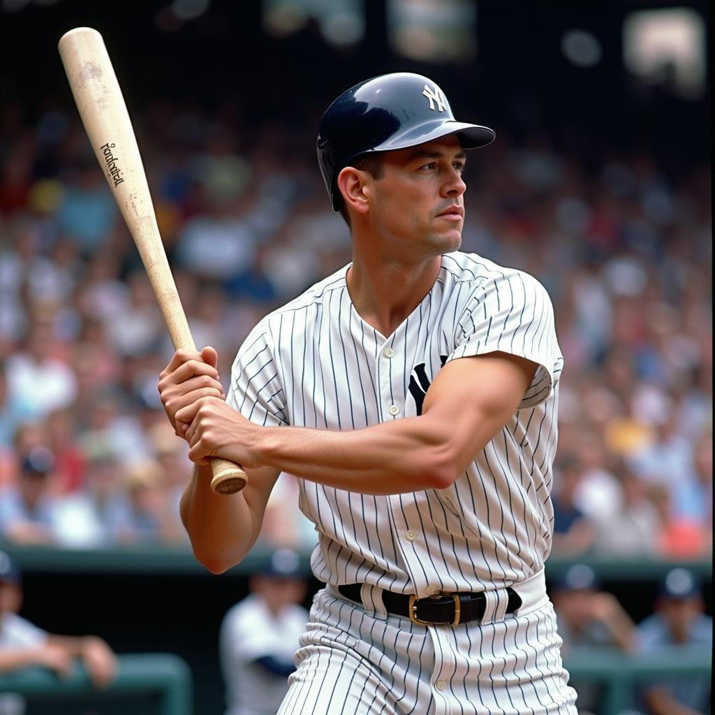 Mickey Mantle swinging his famous Louisville Slugger bat during a game