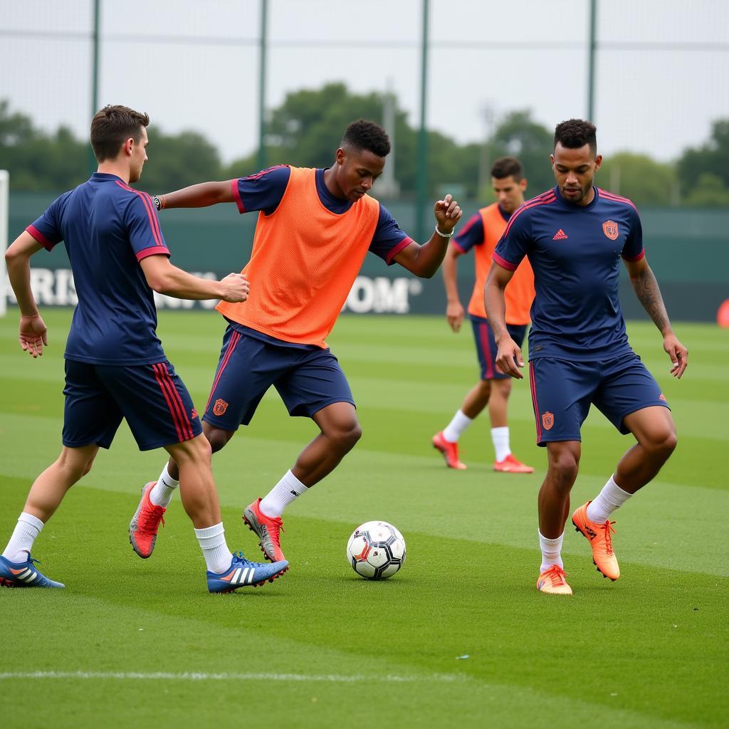 Midfielders practicing passing drills