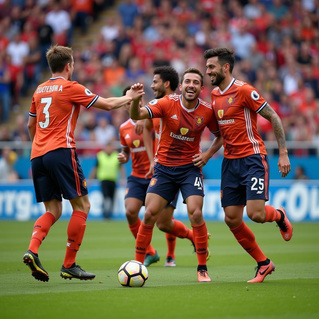 Midfield celebrating a goal with teammates