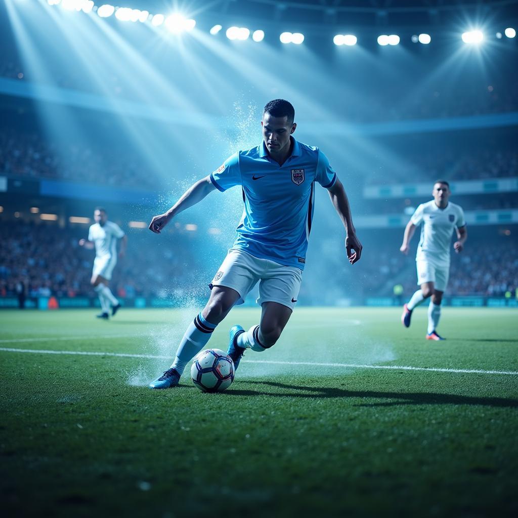 Midfielder controlling the game with a blue glass effect emphasizing their vision.