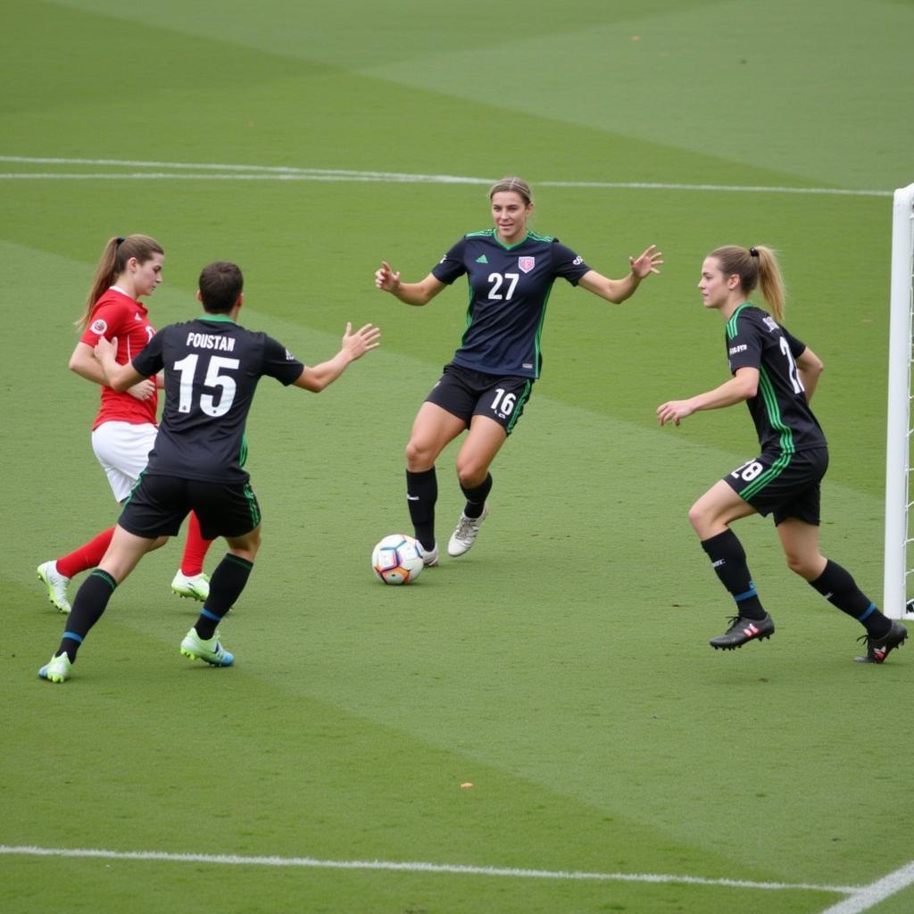  A midfielder demonstrates pinpoint passing accuracy while tightly marked in the heart of the batting circle