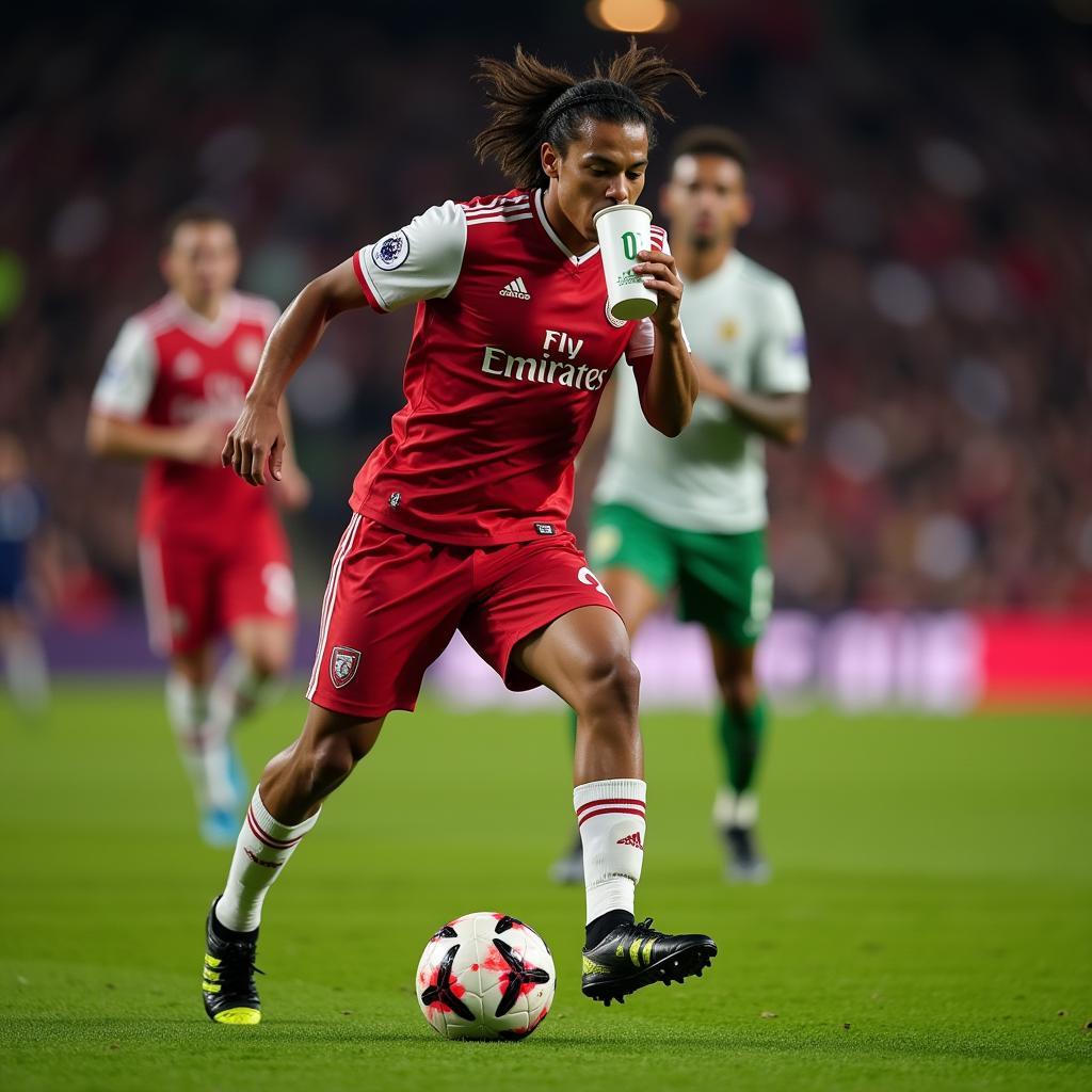 Midfielder Staying Hydrated During Match