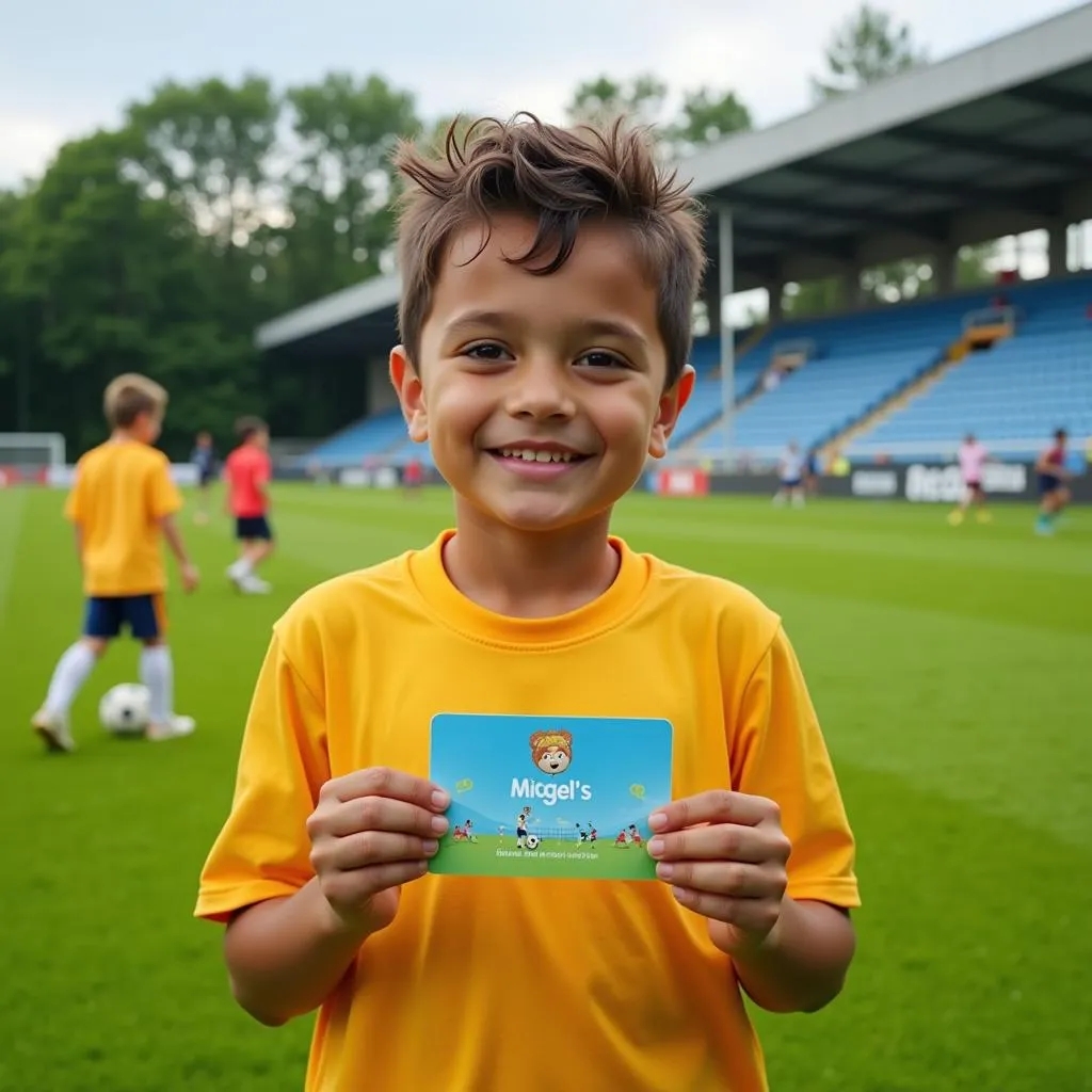 Young footballer holding Miguel's Gift Card on a lush green field