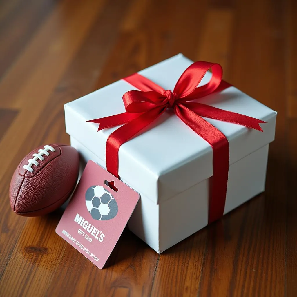 Beautifully wrapped Miguel's Gift Card with a football motif