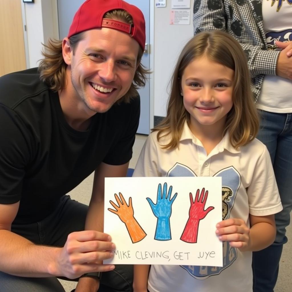 Mike Clevinger interacting with a young fan, holding a drawing