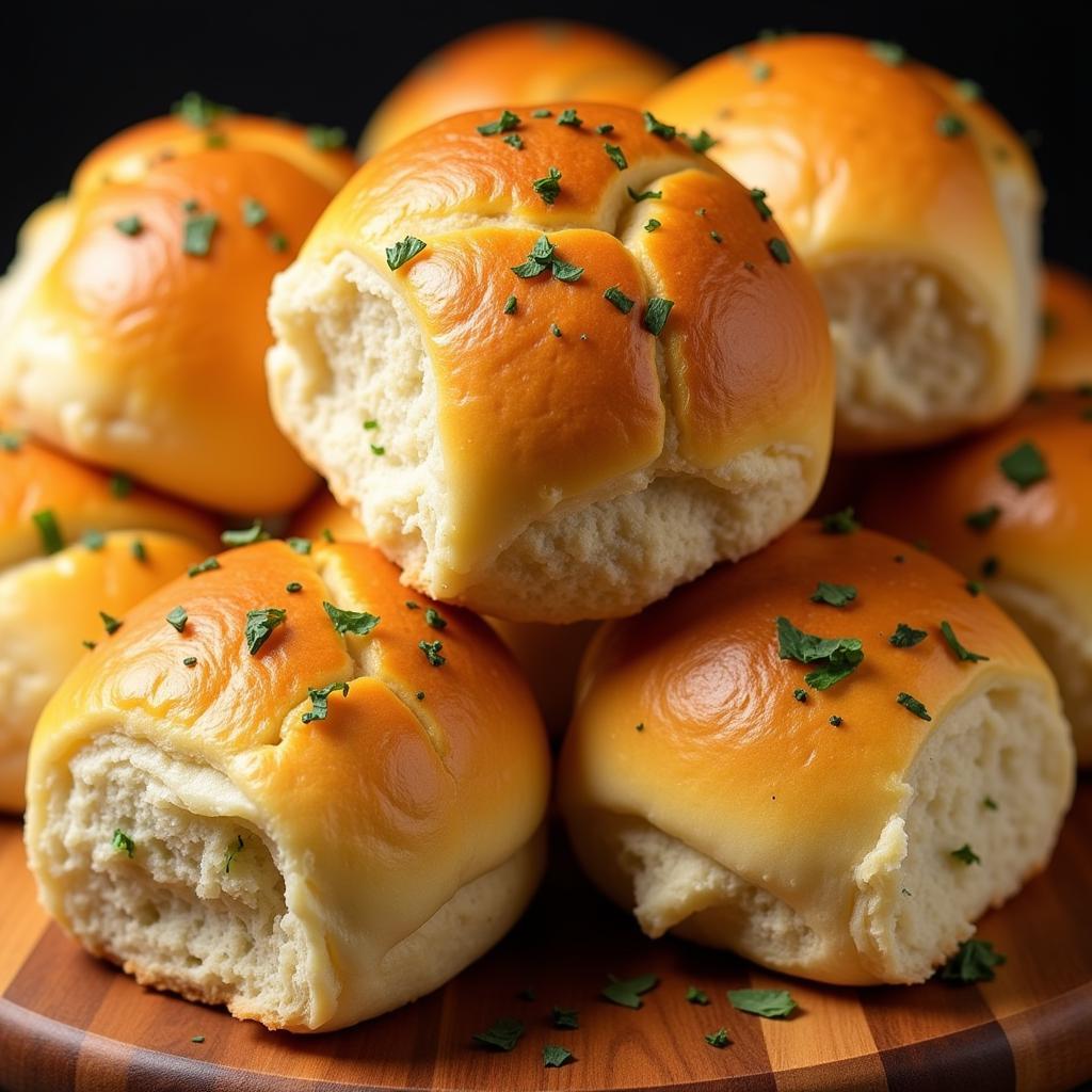 Close-up of golden brown garlic rolls, glistening with garlic butter, piled high on a wooden board.