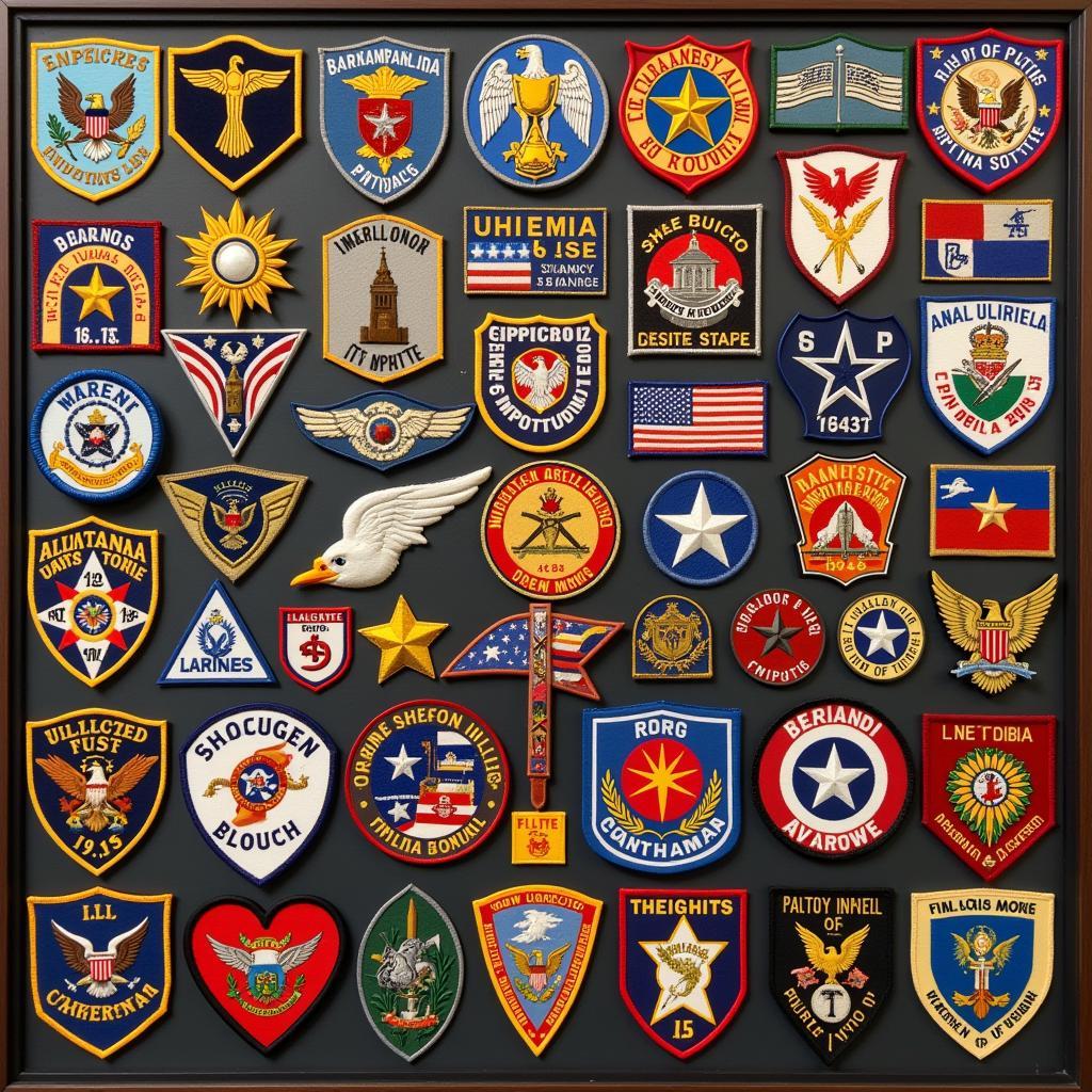 Collection of military patches displayed on a wall