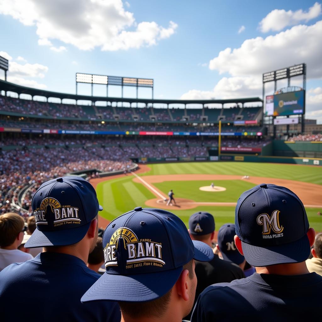 Milwaukee Brewers fans sporting Barrel Man hats at a game