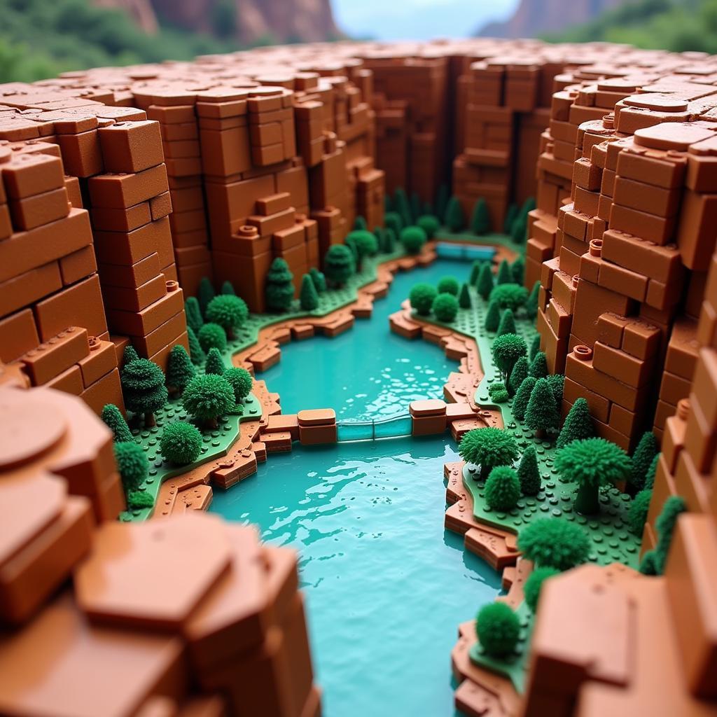 Mini building blocks model of Zion National Park highlighting the Emerald Pools and surrounding cliffs.