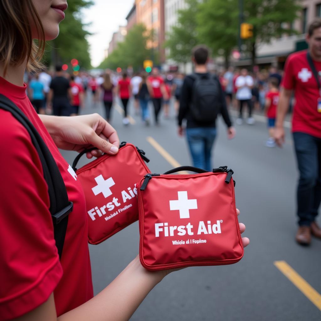 Mini first aid kits branded with a company logo distributed at a parade.