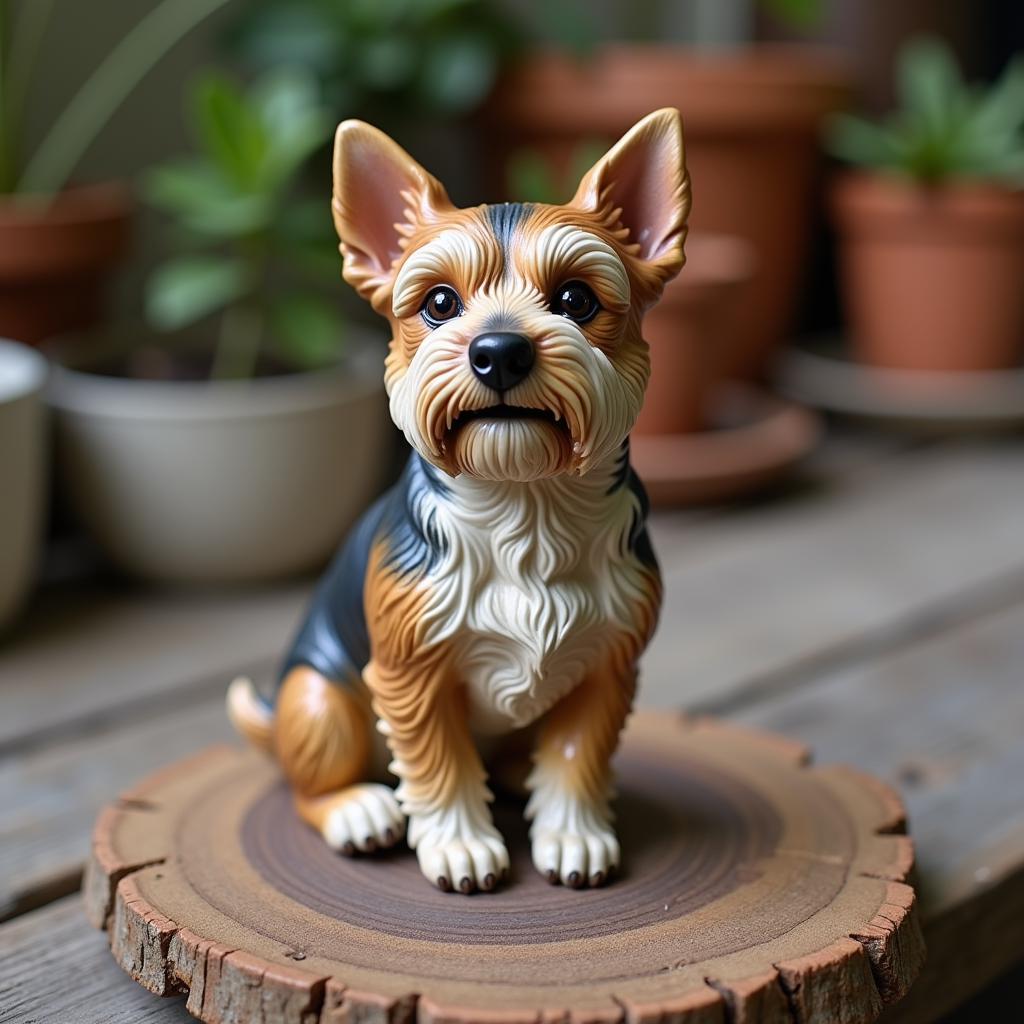 A miniature ceramic dog sitting on a wooden table