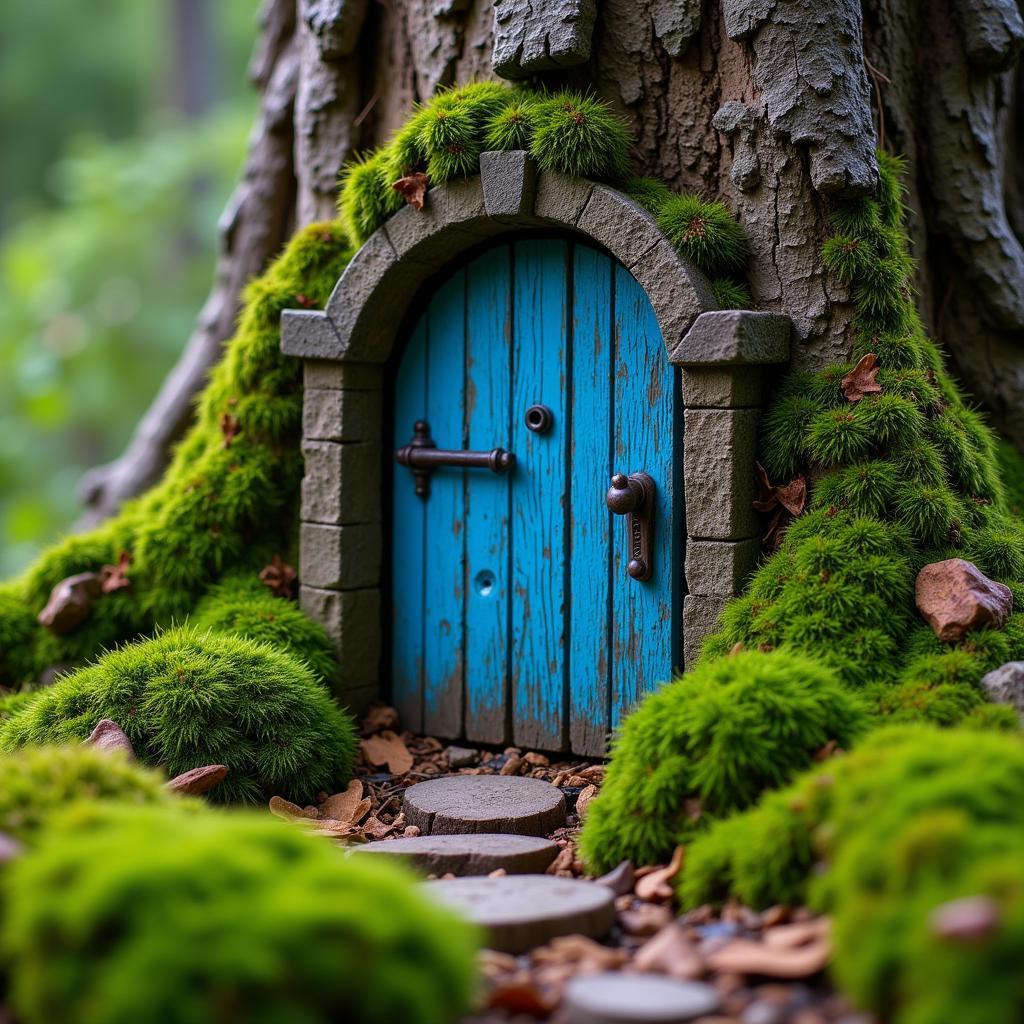 Miniature wooden door nestled in a tree trunk