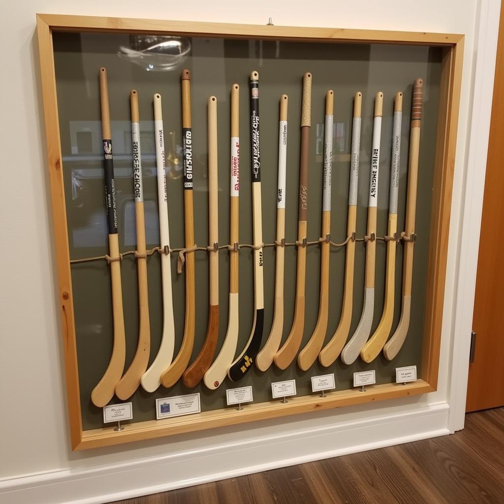 Miniature Field Hockey Sticks in a Display Case