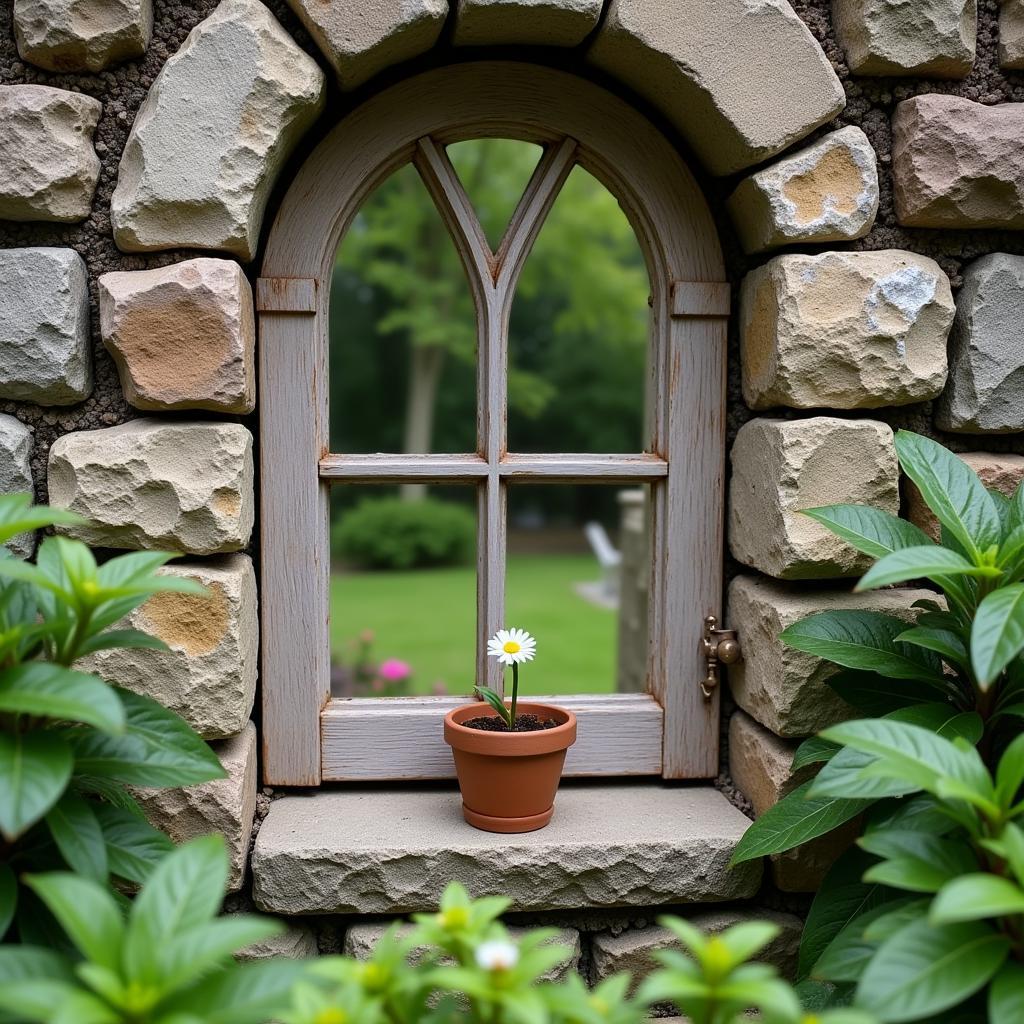 A miniature window set into a stone wall in a garden