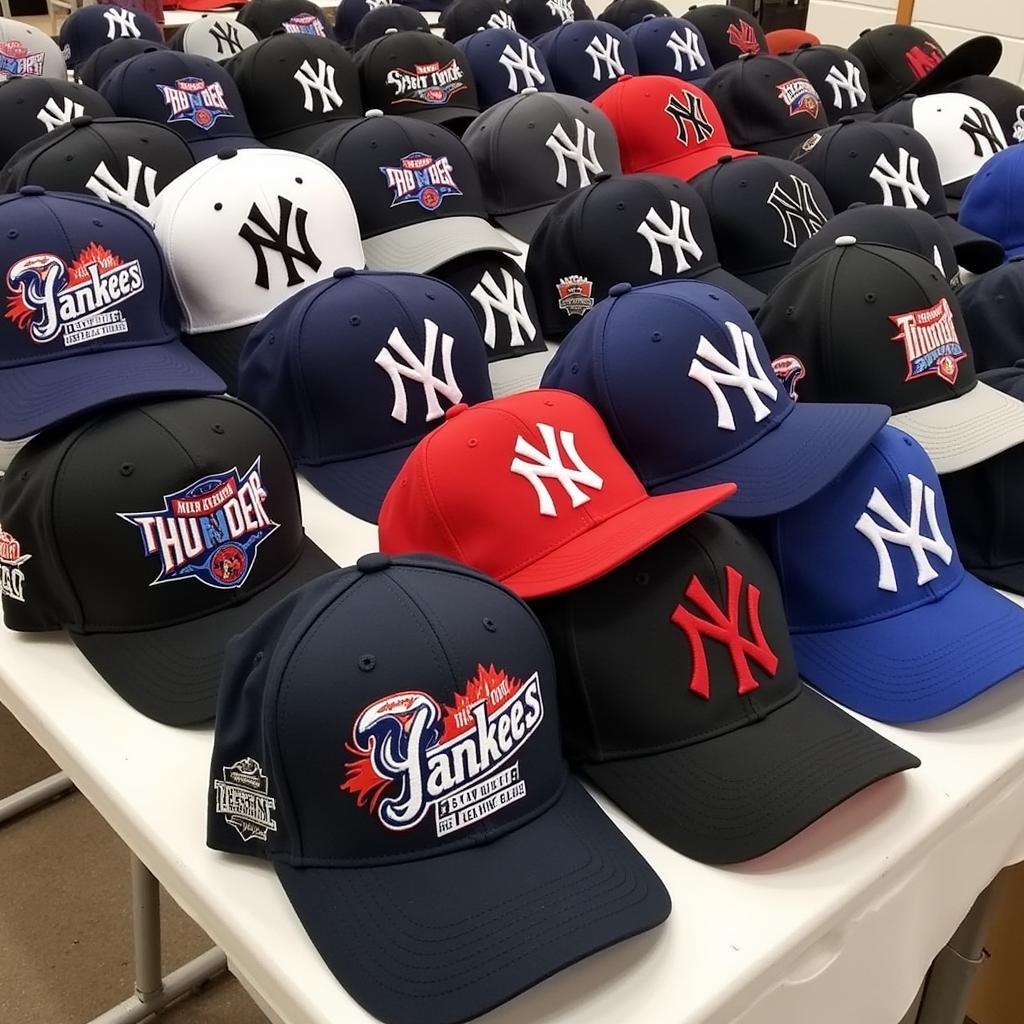 Various New York Yankees minor league hats on display