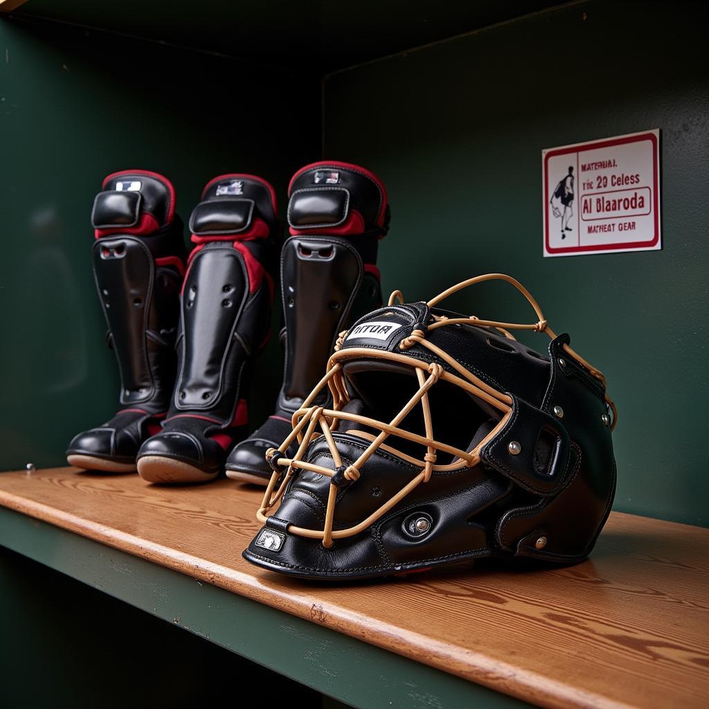 Catcher's gear neatly arranged in the dugout