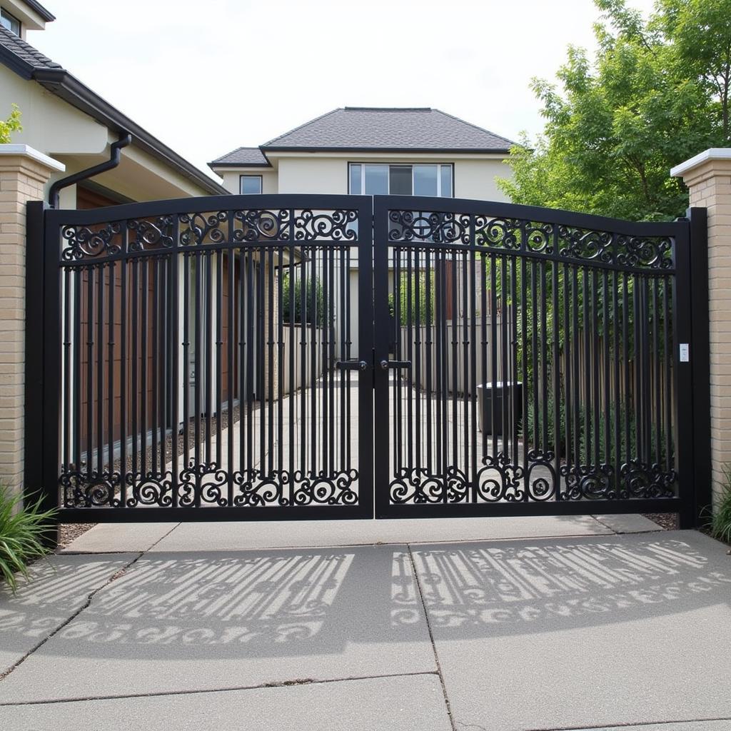 Sleek modern aluminum driveway gate with minimalist initials