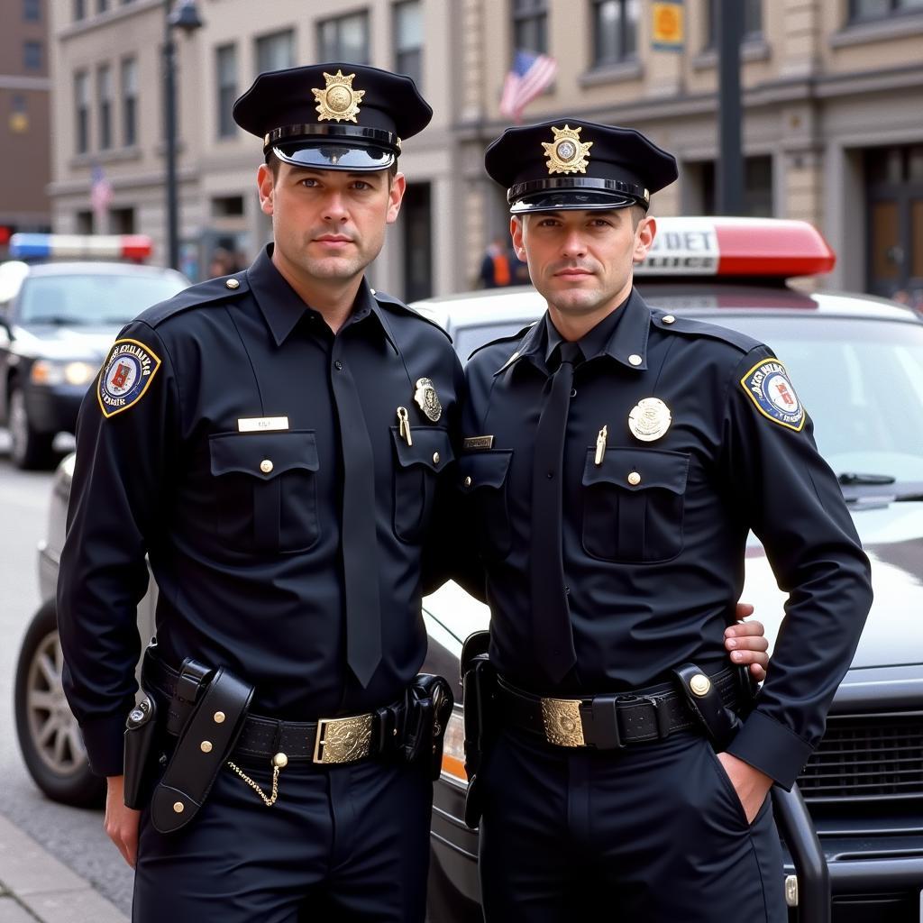 Chicago police officers in their current uniform, which includes peaked caps