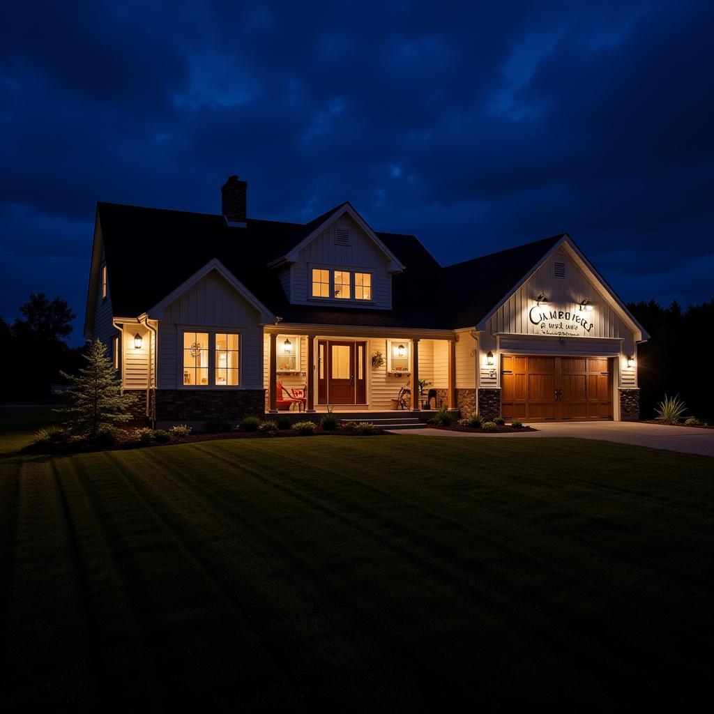 Modern Farmhouse with Illuminated Metal Farm Sign