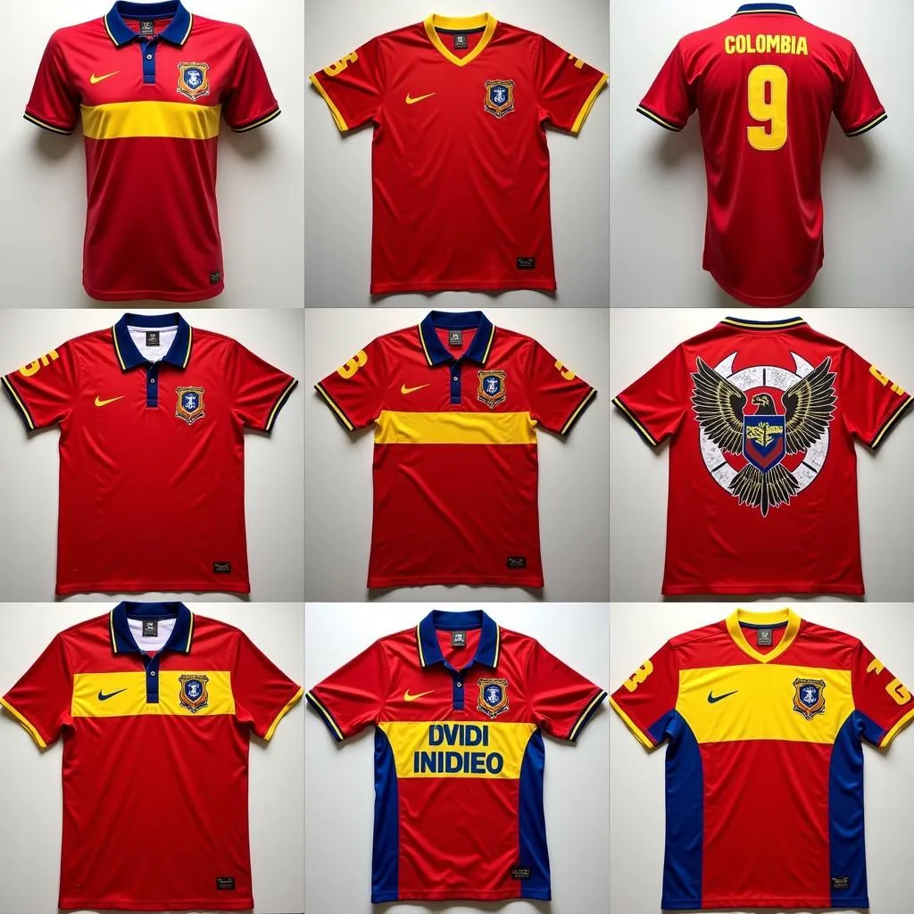 Various modern takes on the classic camiseta Colombia roja 1990 design.