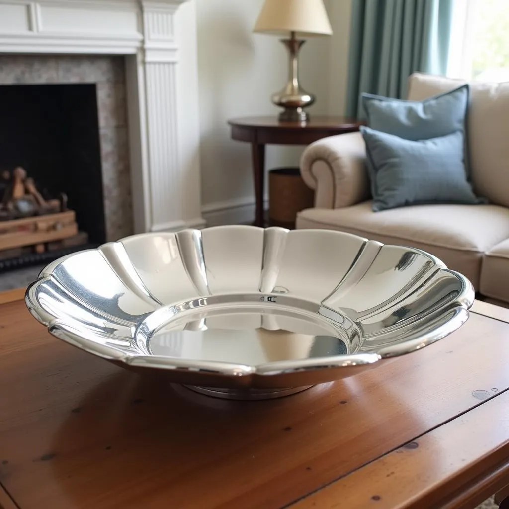 Modern Sterling Silver Candy Dish with Simple Lines on Coffee Table