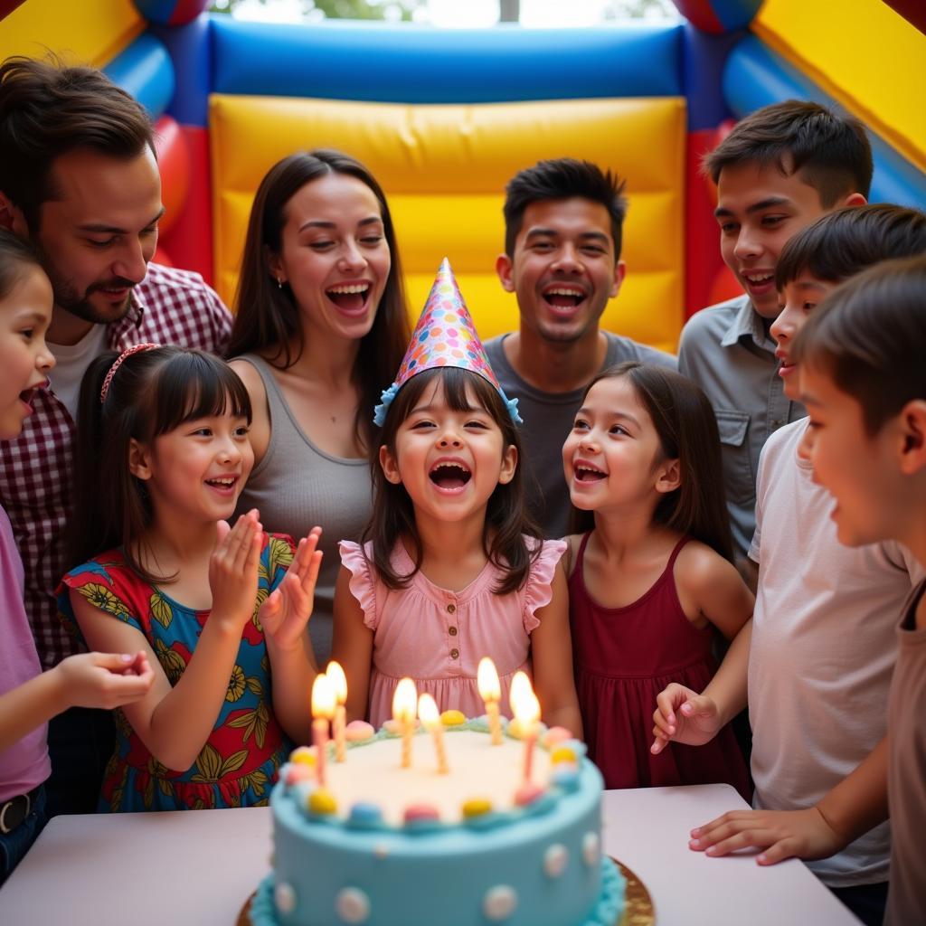 Children and parents celebrating a birthday party with a bounce house