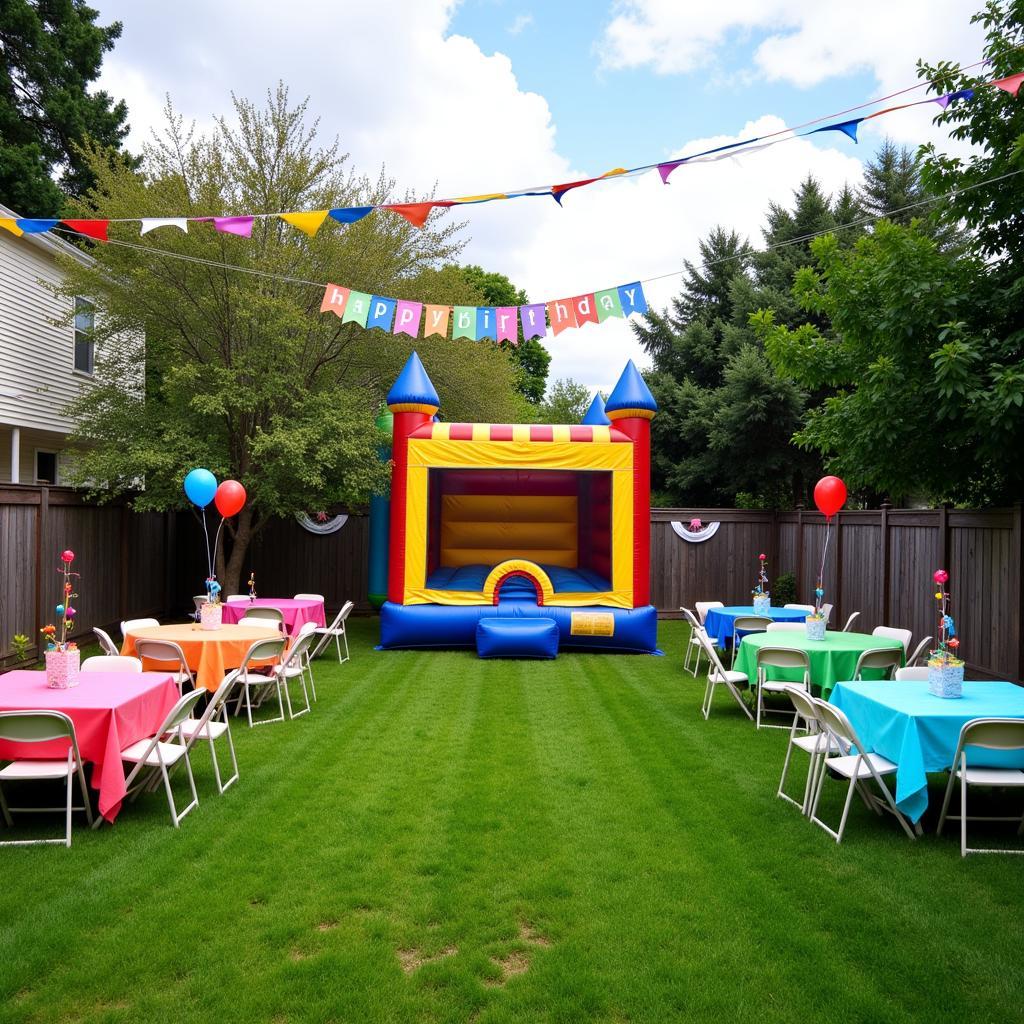 A backyard party with a bounce house, tables, and decorations