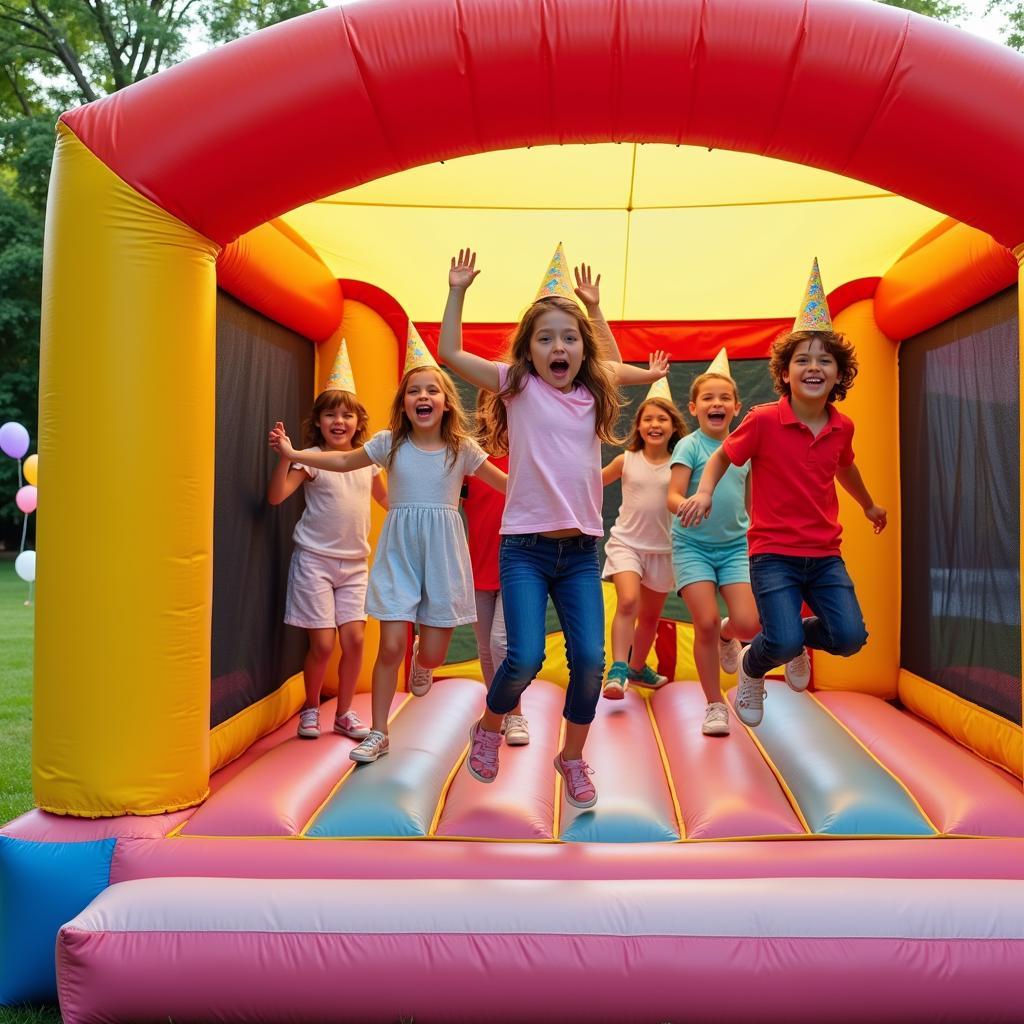 Kids laughing and playing in a colorful bounce house