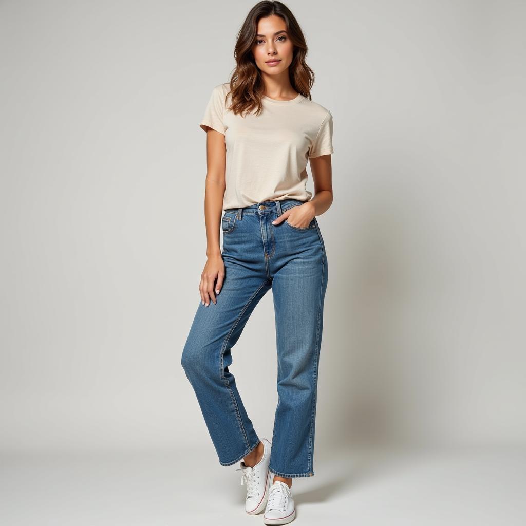 Woman rocking a vintage band tee with high-waisted jeans and sneakers