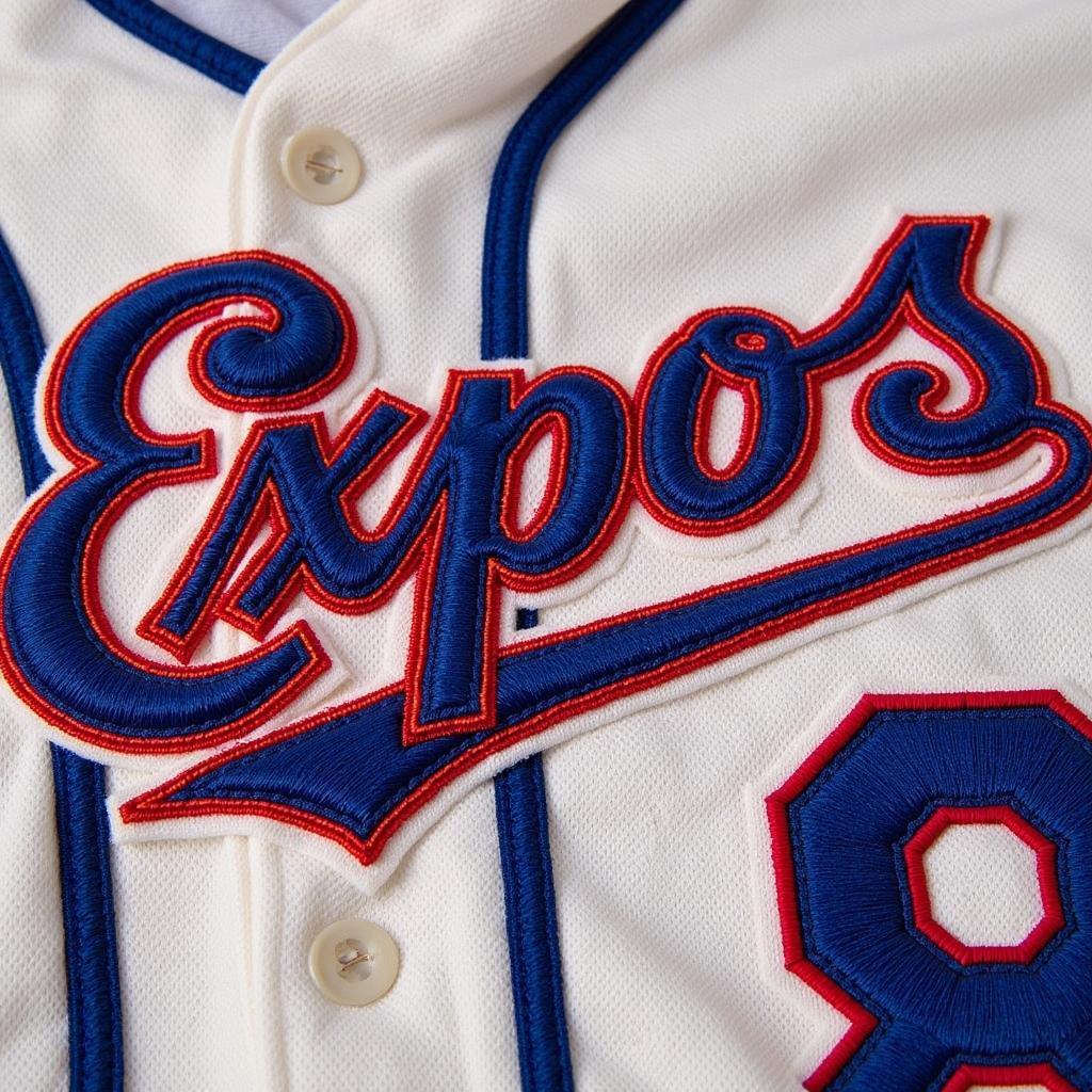 Close-up of the details on a Montreal Expos jersey, showcasing the stitching and fabric.