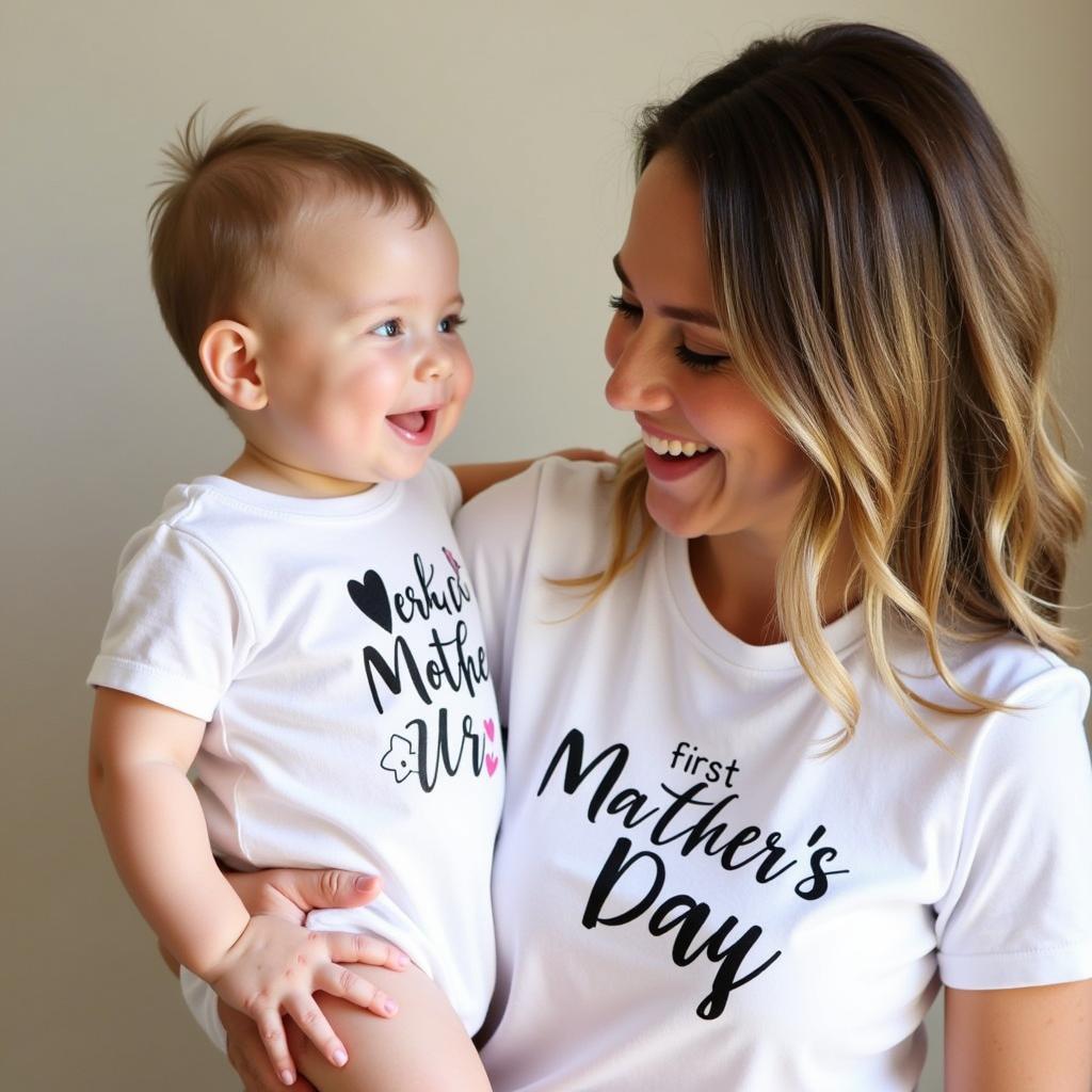 Mother and Baby Wearing Matching First Mother's Day Shirts