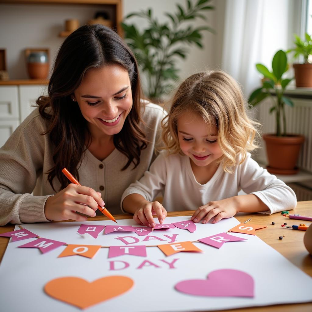 A mother and child happily assembling a "Happy Mother's Day" banner together.