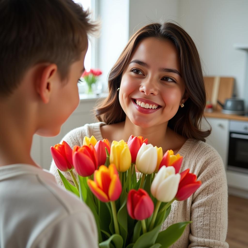 Mother receiving flowers from her child