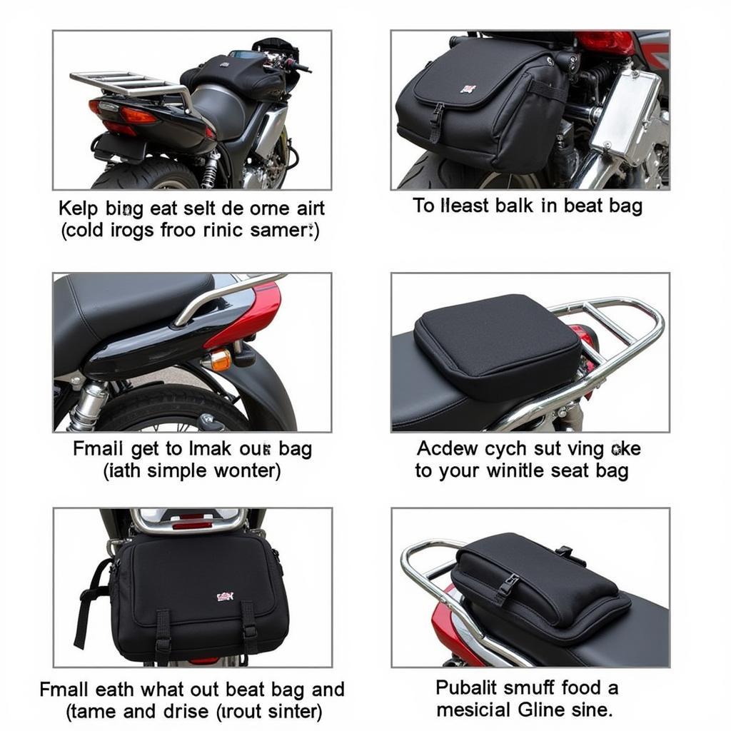 Motorcycle back seat bag features, like external pockets, reflective strips, and carrying handles.