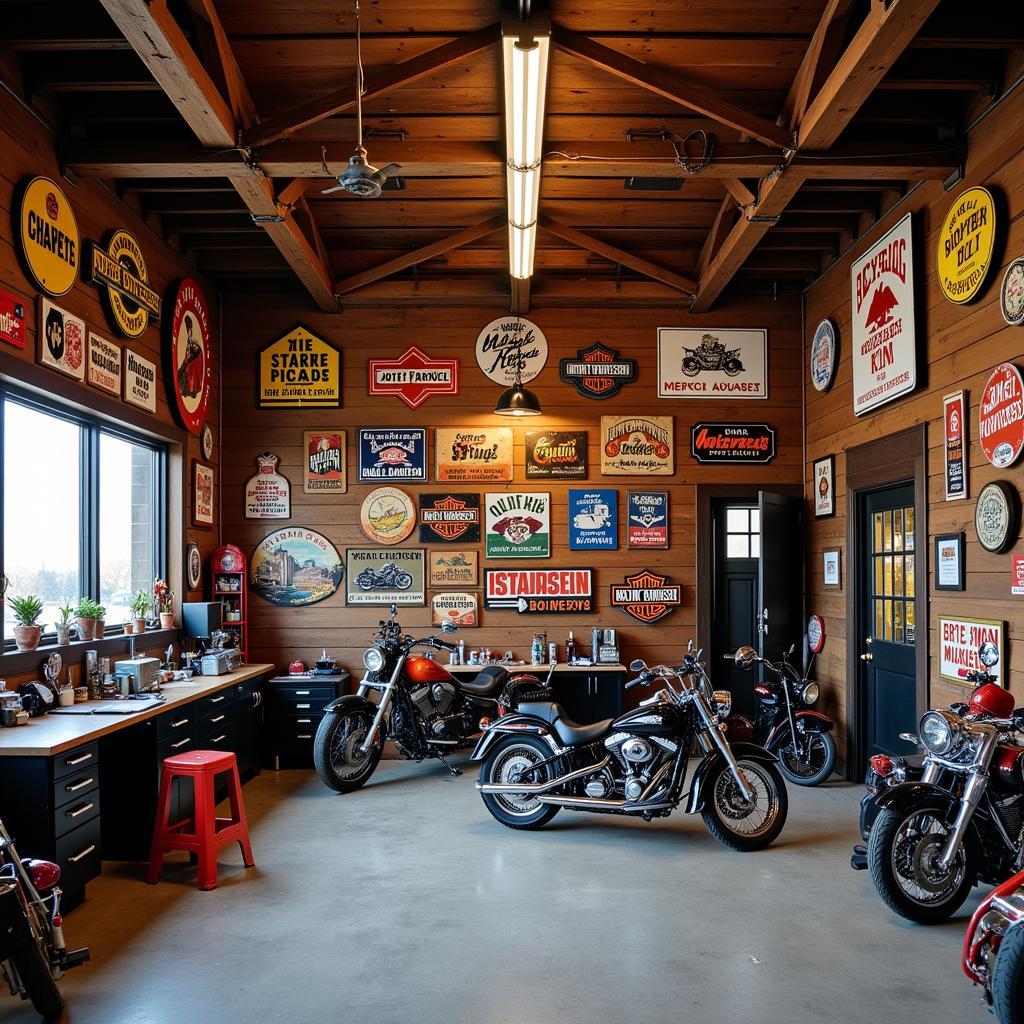 Motorcycle Garage Decorated with Biker Tin Signs