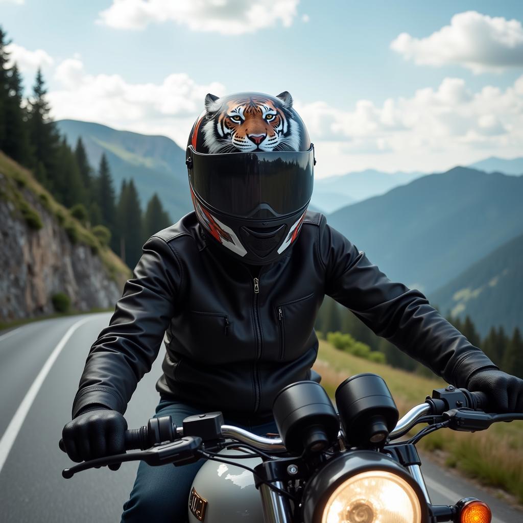 Motorcyclist wearing a flying tiger helmet riding on an open road