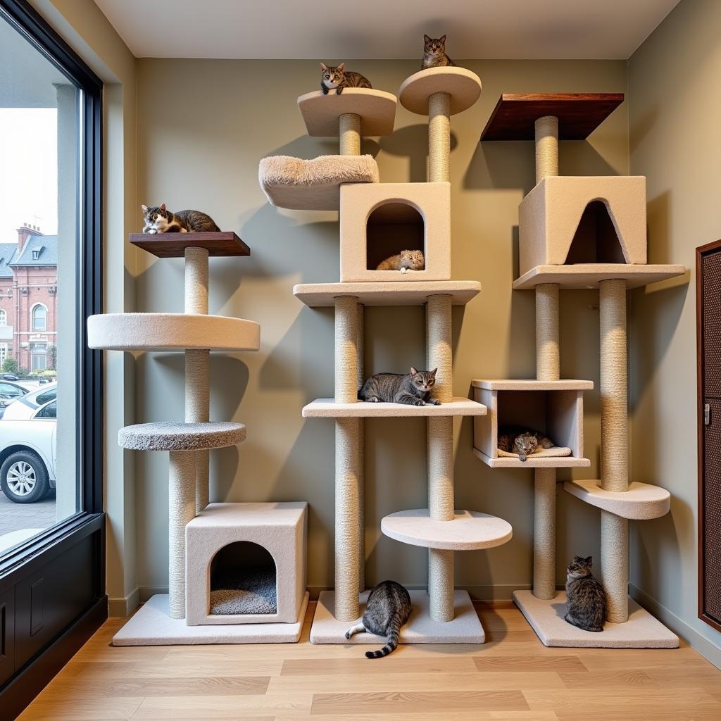 Multi-tiered cat condos in a pet shop