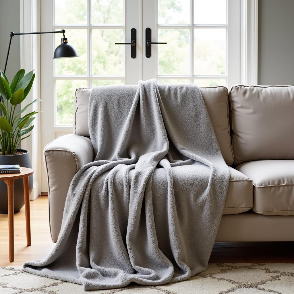 Cozy music fleece blanket draped over a modern couch