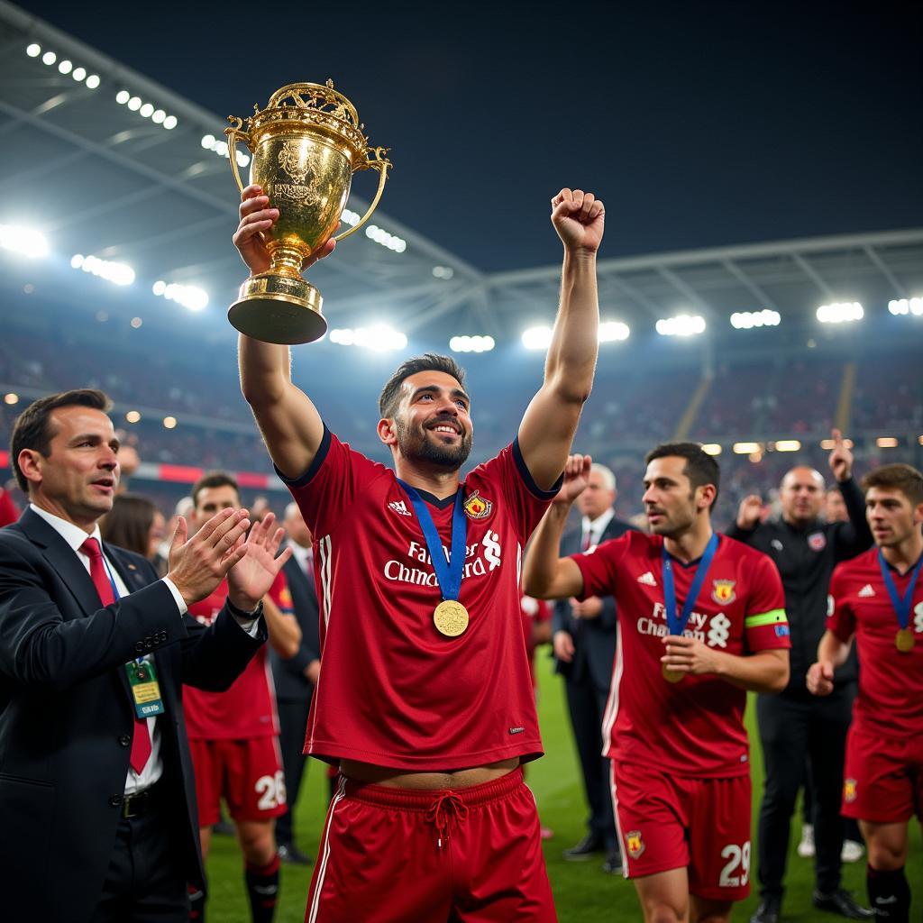 A footballer standing on a podium, holding up a gleaming MVP medal