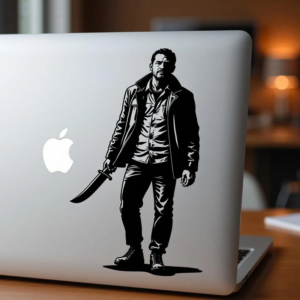 Mysterious knife man vinyl sticker on a laptop