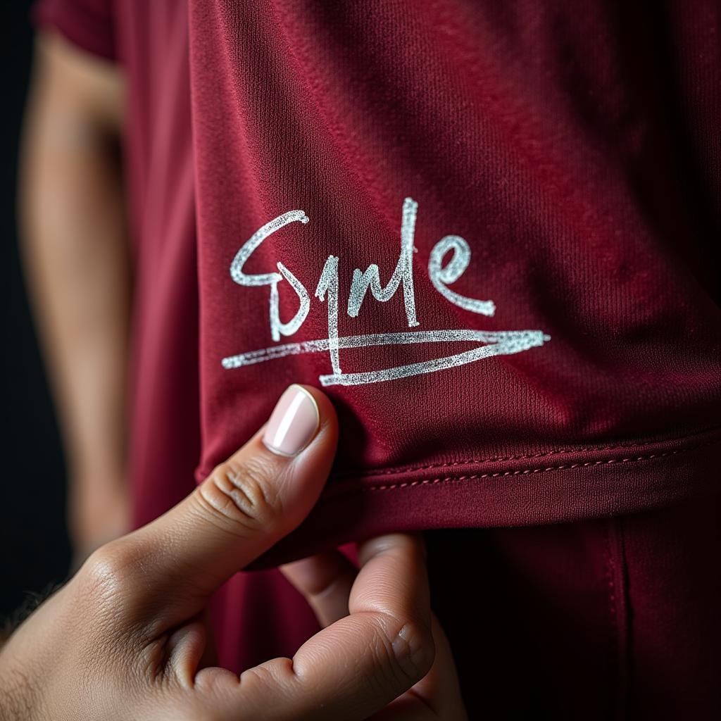 Close-up of a hand holding a mystery autographed jersey, the signature is visible but the identity of the signer remains unknown.