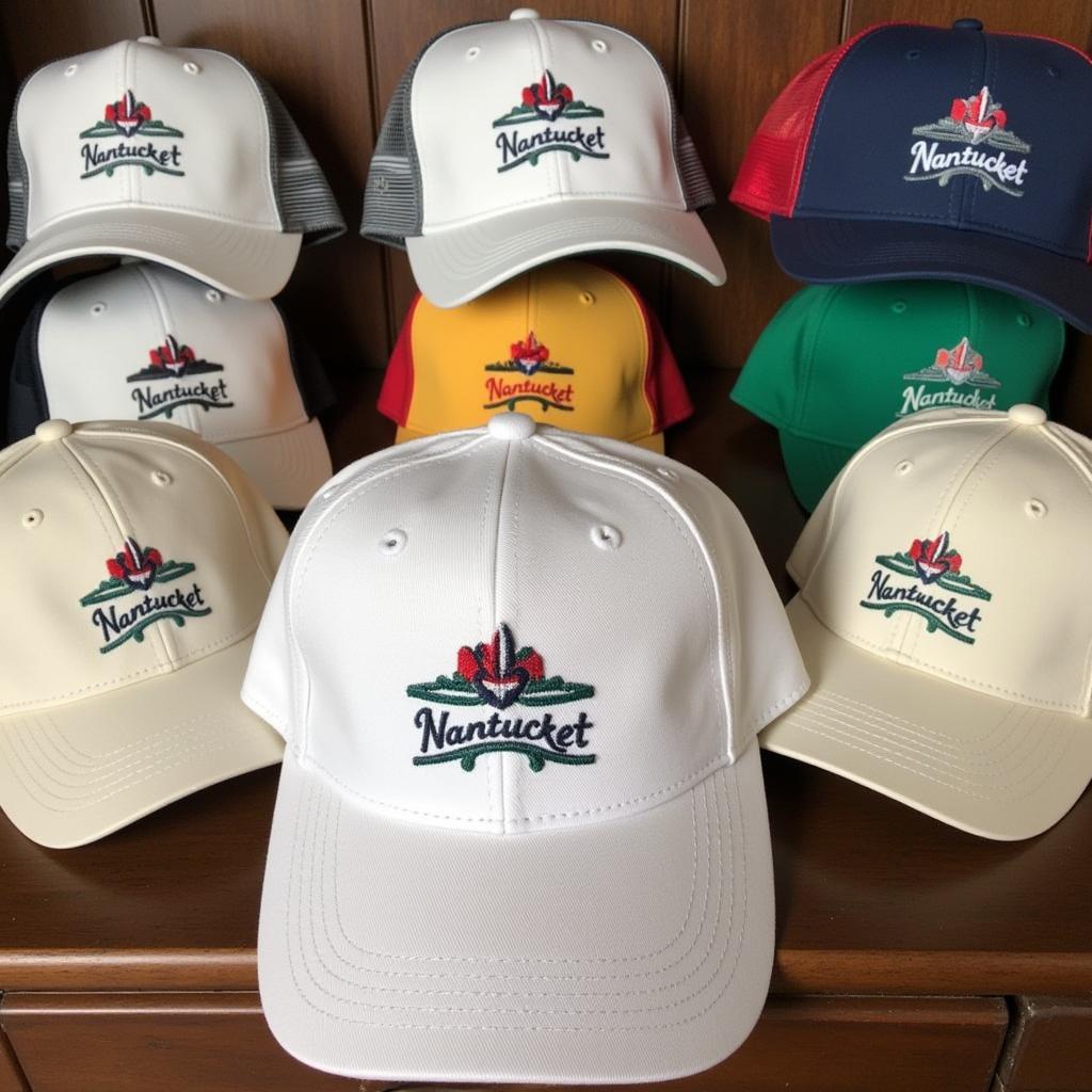 A collection of Nantucket hats displayed on a shelf