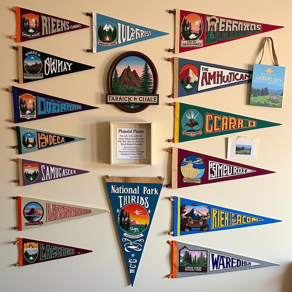 A collection of vibrant national park pennants displayed on a wall