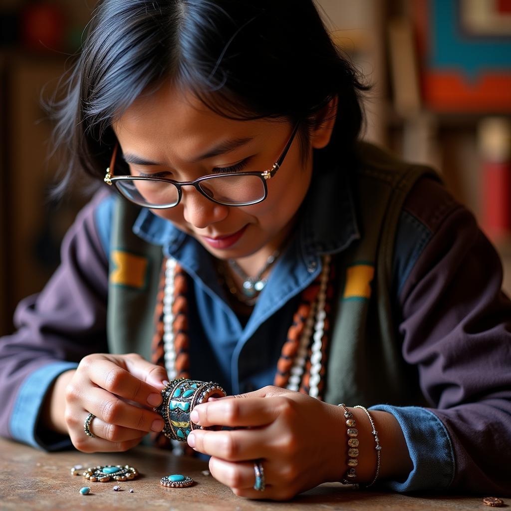 Native American artist crafting a bracelet