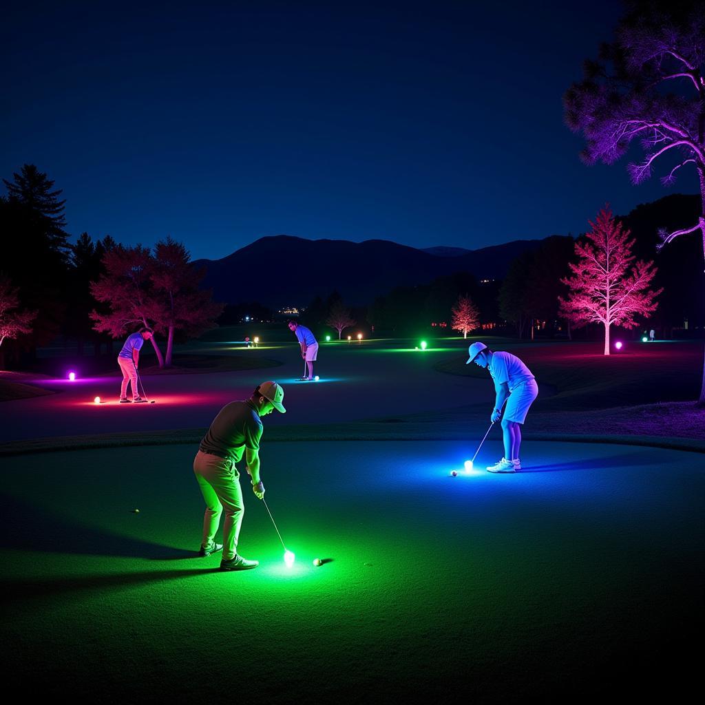 Players hitting glowing golf balls at night