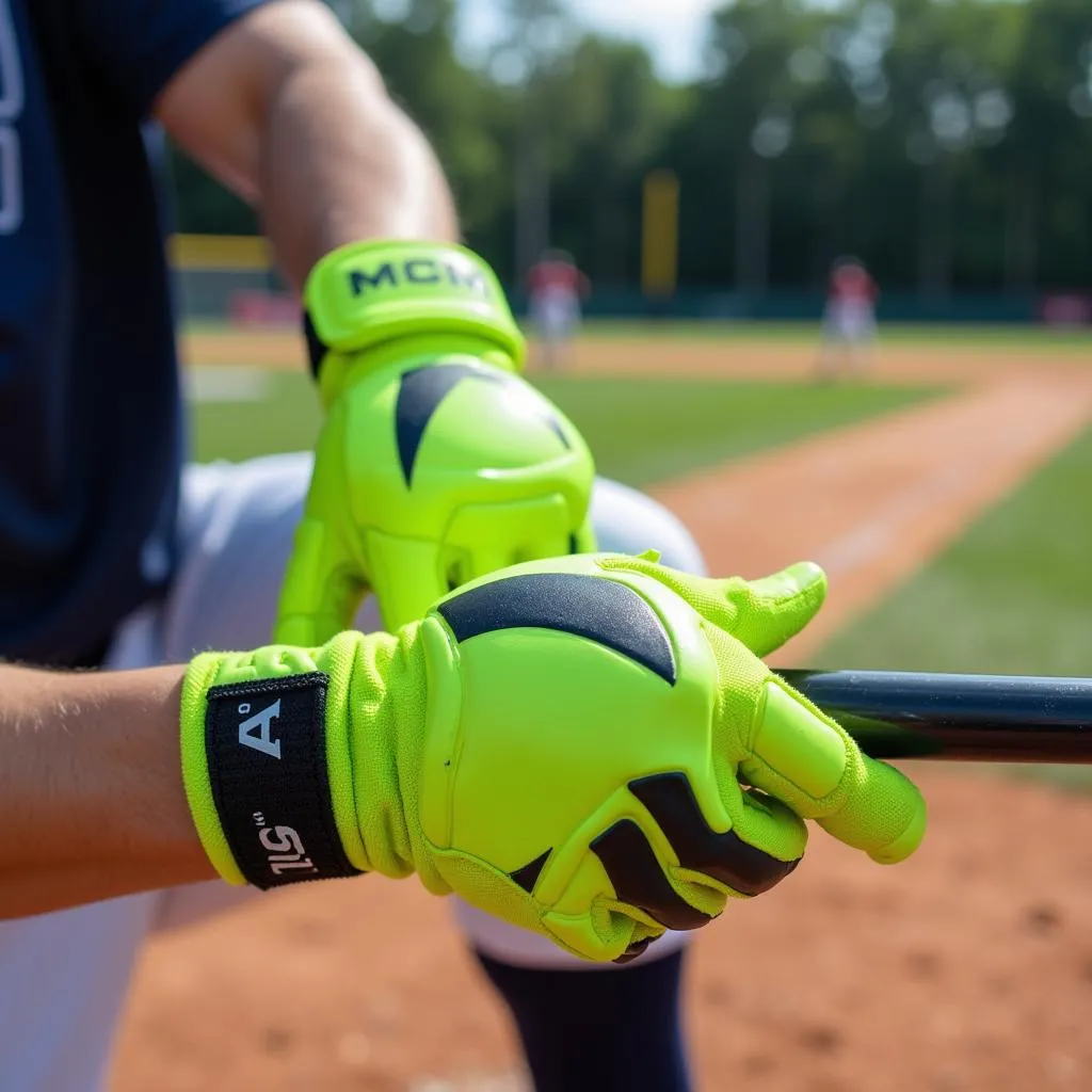 Baseball player wearing neon green batting gloves during a game