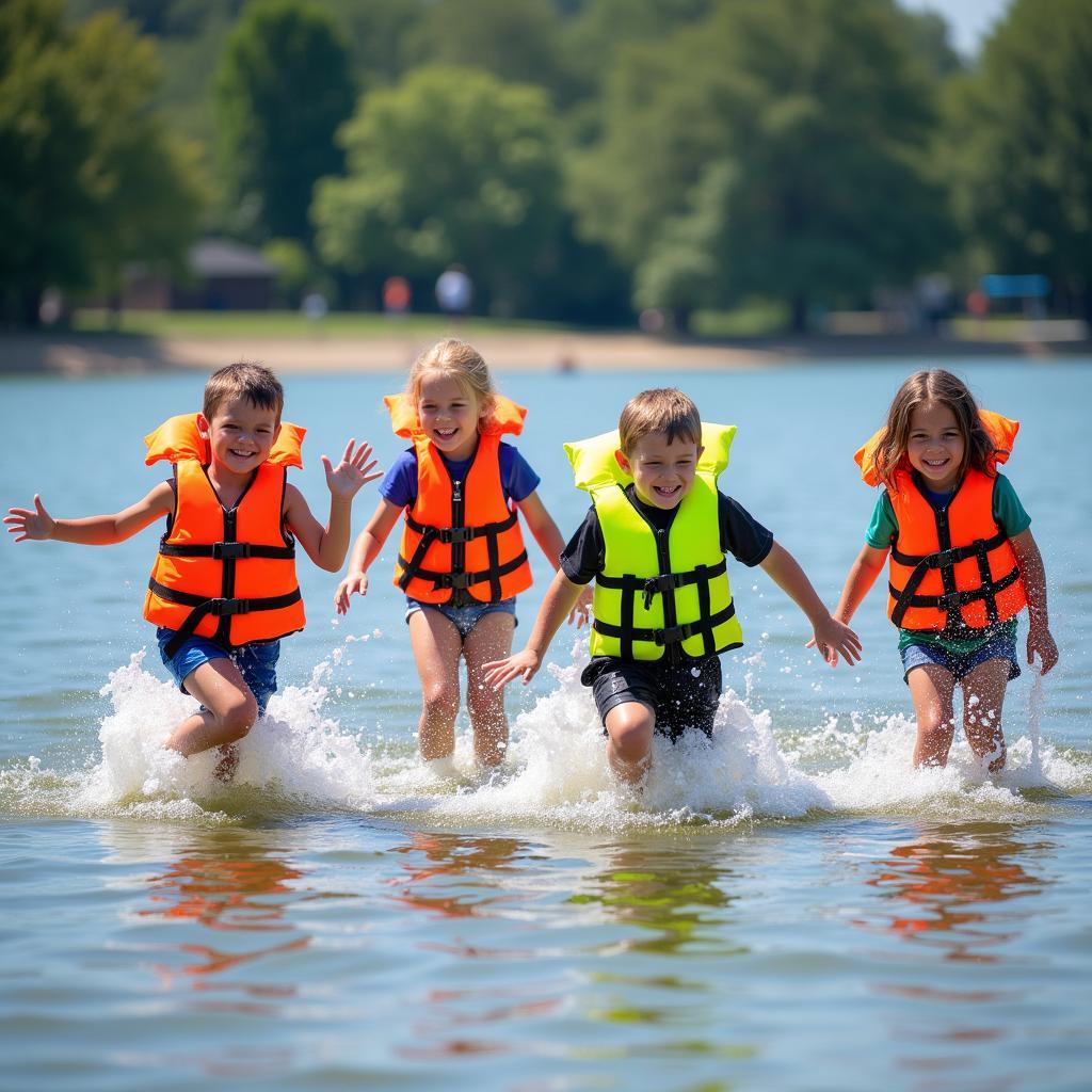 Kids wearing neon life jackets playing in the water