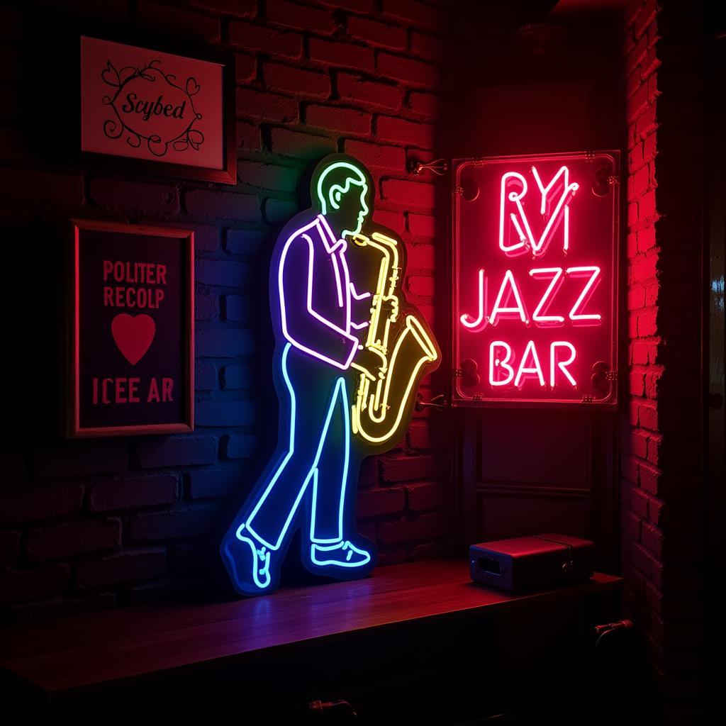 Neon sign of a saxophone player against a brick wall in a jazz bar