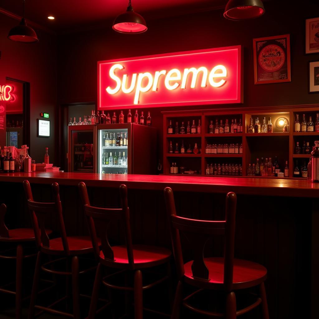 Neon Sign Supreme illuminating a bar area