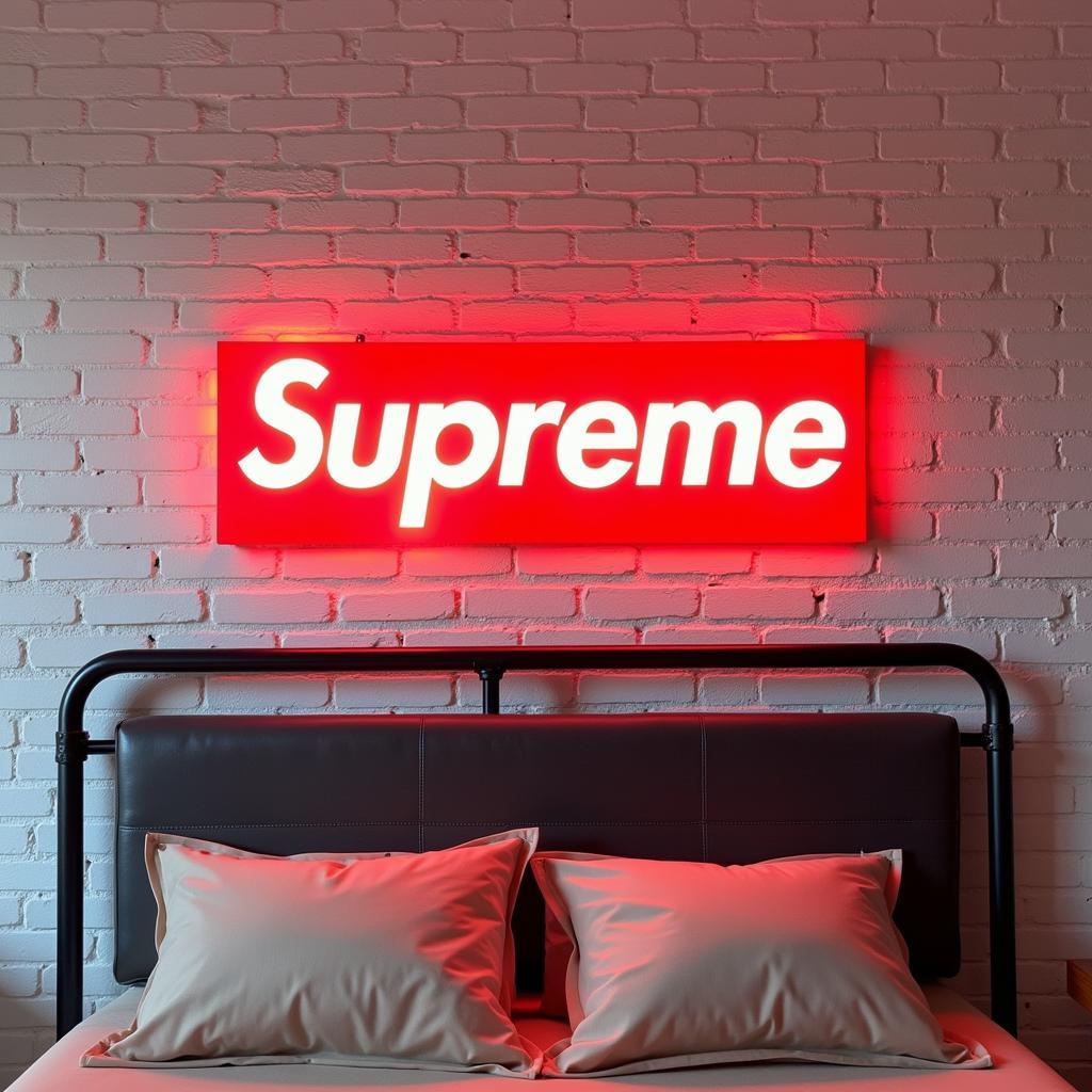 Neon Sign Supreme illuminating a bedroom